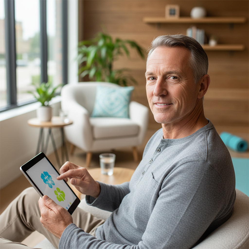 An older adult using a cognitive training app at home